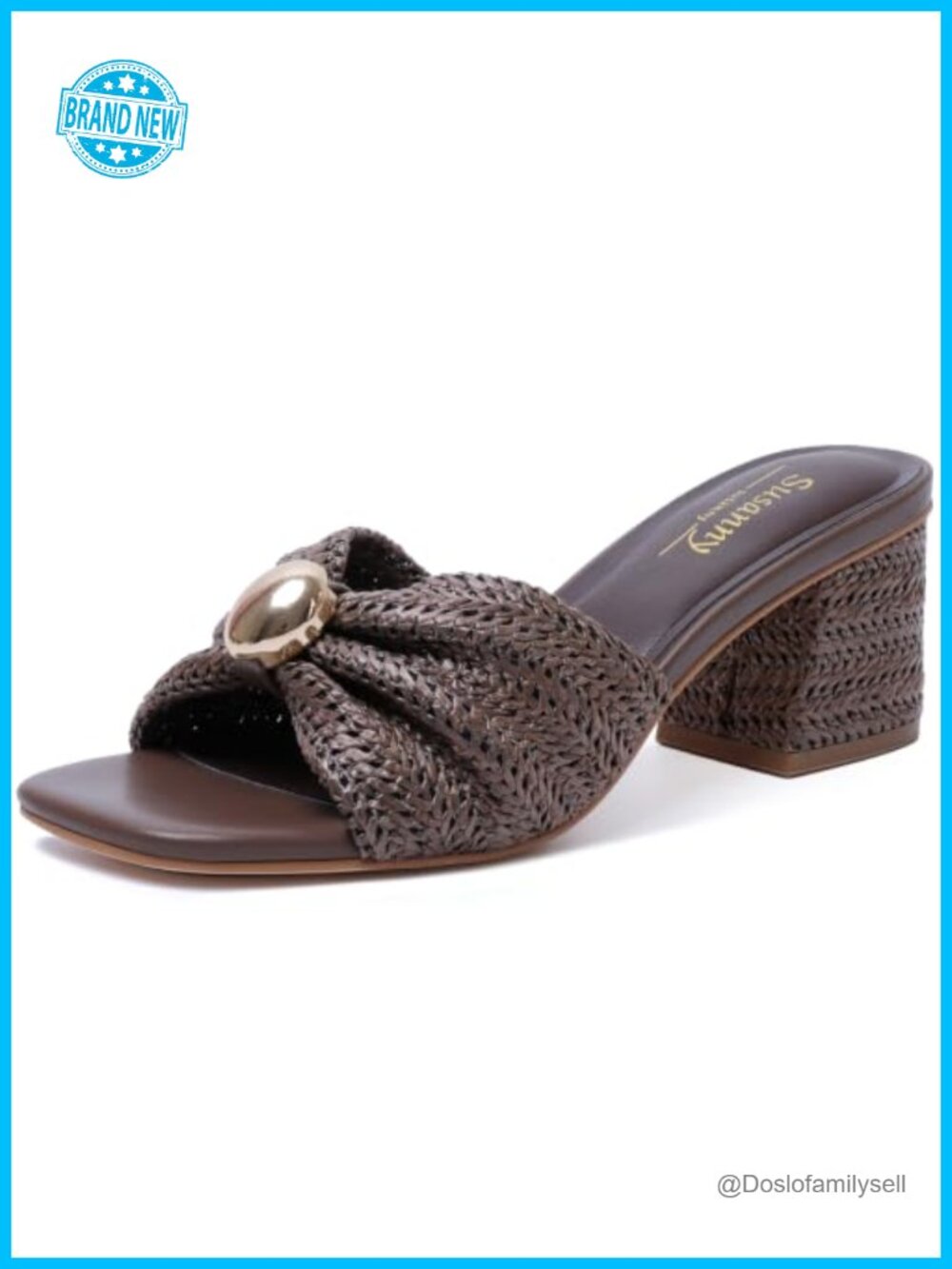 Mule Heels Women Block Kitten Heel Square Peep Toe Slip On Raffia Sandals